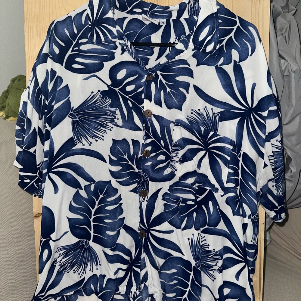 Blue and White Casual Button Down Shirt with Tropical Print